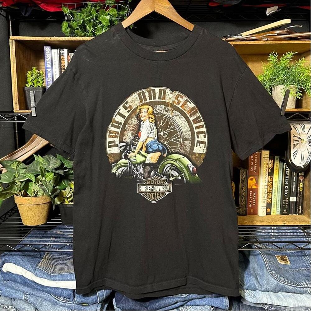 Harley Davidson Black Biker Tee Parts and Service Motorcycle Shirt Mens Large